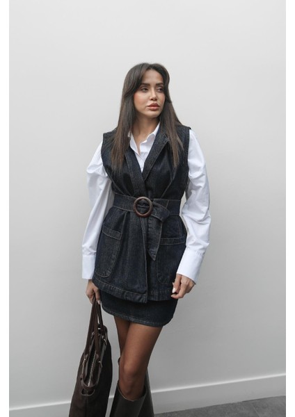 Koyu Lacivert Kemerli Denim Yelek