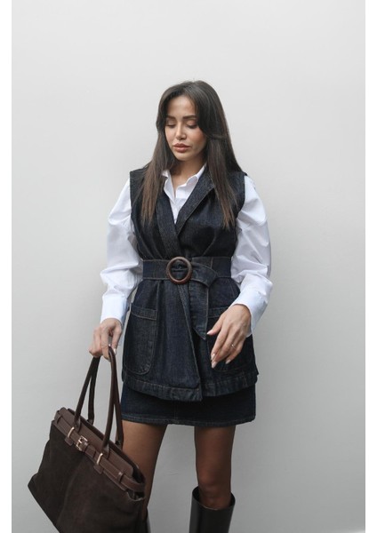 Koyu Lacivert Kemerli Denim Yelek indirimleri