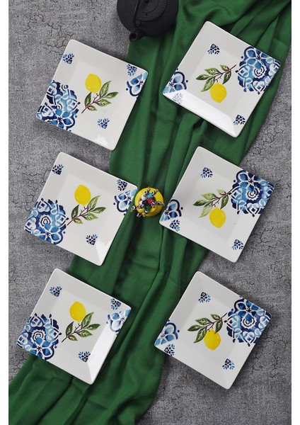 6'lı Special Handmade Limon Desen Tatlı Tabak Seti Sunum Servis Tabakları Pasta Set 15 cm