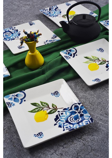 6'lı Special Handmade Limon Desen Tatlı Tabak Seti Sunum Servis Tabakları Pasta Set 15 cm