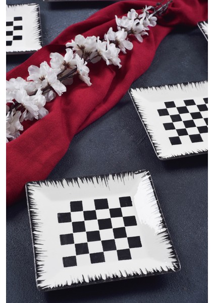 6'lı Special Handmade Dama Desen Tatlı Tabak Seti Sunum Servis Tabakları Pasta Set 15 cm