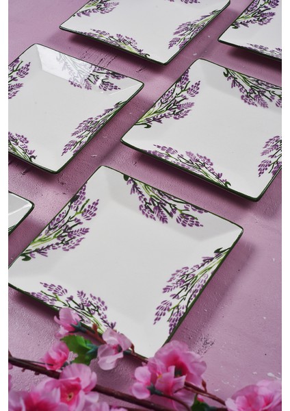6'lı Special Handmade Lavanta Desen Tatlı Tabak Seti Sunum Servis Tabakları Pasta Set 15 cm
