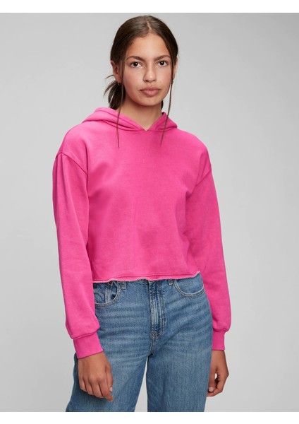 Genç Kız Pembe Crop Kapüşonlu Sweatshirt