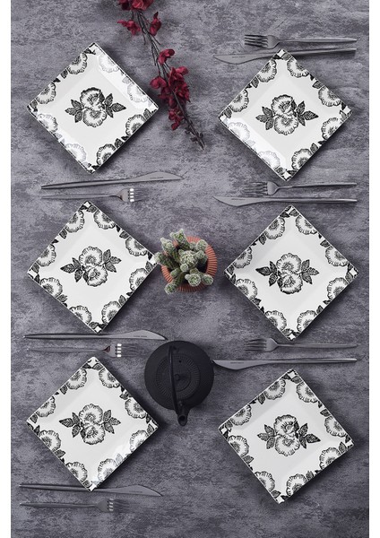 6'lı Special Handmade Black Rose Desen Tatlı Tabak Seti Sunum Servis Tabakları Pasta Set 15 cm