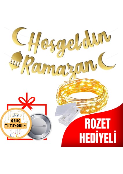 LED Işıklı Hoşgeldin Ramazan Kaligrafik Uzar Yazı Oruç Tutuyorum Rozet Hediyeli