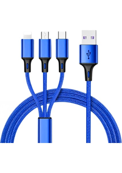 3ın1 Mavi 1.2 Metre (Mıcro USB - Lıghtnıng - Type C) Telefon Şarj Kablosu (4172)
