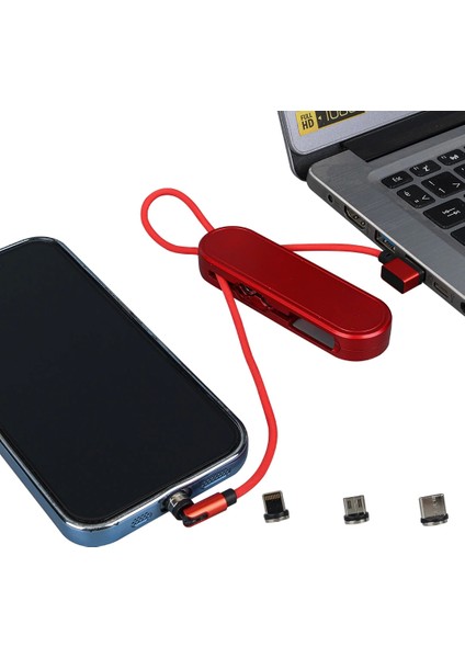 Kırmızı 3in1 (Type C- Lightning- Micro Usb) Manyetik Uç Taşınabilir Şarj Kablosu (4172)