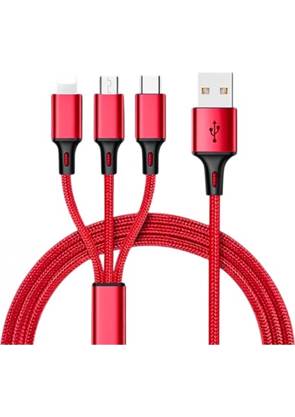 3ın1 Kırmızı 1.2 Metre (Mıcro USB - Lıghtnıng - Type C) Telefon Şarj Kablosu (4172)