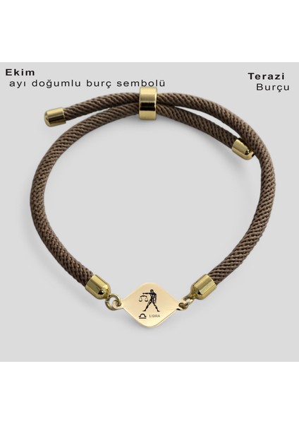 Altın Plakalı 14 Ayar Özel Eşkenar Dörtgen Figürlü, Kahverengi Örgü Det Ayıyla Burç Sembollü Bileklik, Gençlere ve Ergenlere Burç Tutkunları İçin Şık Bir Hediye!