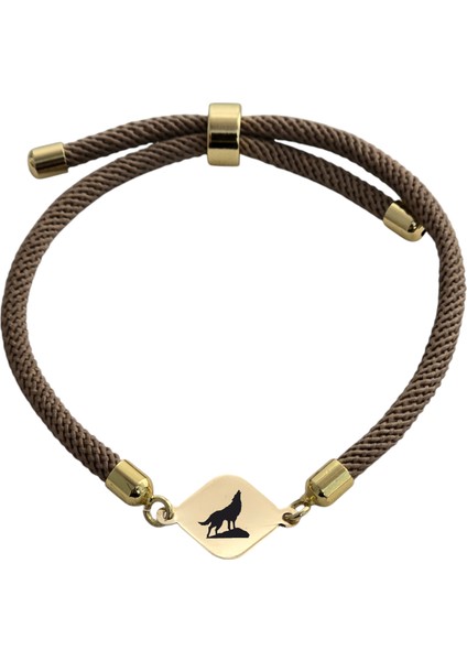 14 Ayar Plakalı Altın Özel Eşkenar Dörtgen Figürlü, Kahverengi Örgü Det Ayıyla Bozkurt Bilekliği, Gençlere ve Ergenlere Güçlü ve Asil Bir Hediye!