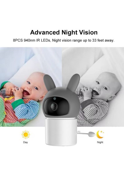 LCD Ekranlı Gece Görüşlü Bebek Izleme Kamerası Hatırlatıcılı-Oda Sıcaklığı Kontrollü-Telsiz ve 360 D
