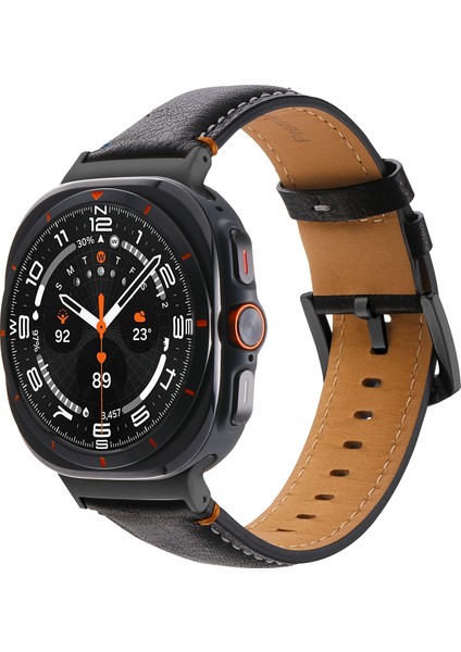 Samsung Galaxy Watch Ultra Için 47MM Dikişli Deri Kayış Yukarı Çekilmiş Deri Siyah (Yurt Dışından)