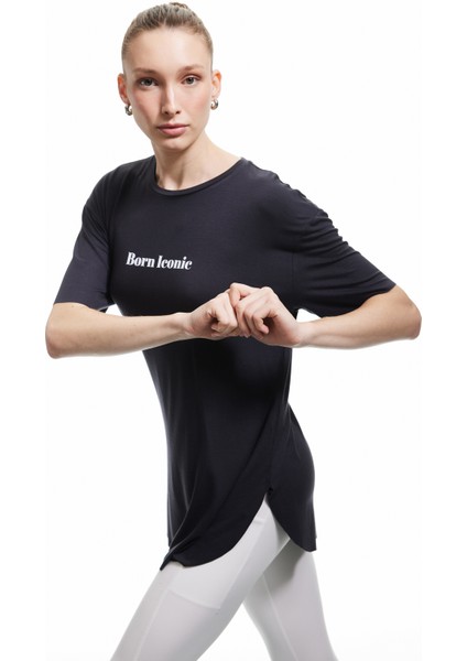 Viskon Kısa Kollu Slogan Baskılı Oversize Spor Tişört
