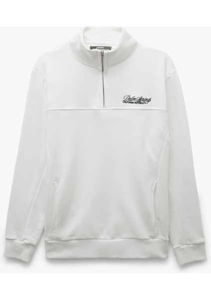 Işlemeli Şardonlu Cep Detaylı Yarım Fermuarlı Sweatshirt
