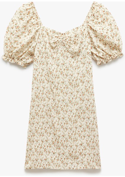 Viskon Kalp Yaka Balon Kollu Büzgülü Çiçekli Mini Elbise modelleri