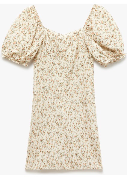 Viskon Kalp Yaka Balon Kollu Büzgülü Çiçekli Mini Elbise fırsatları