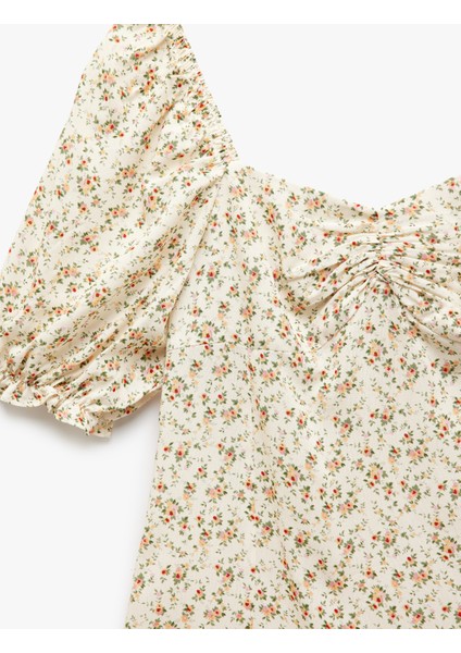 Viskon Kalp Yaka Balon Kollu Büzgülü Çiçekli Mini Elbise indirimleri