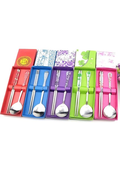 2 Adet/takım Paslanmaz Çelik Kore Yemek Çubukları Kaşık Lazer Gravür Desenleri Hediye (Yurt Dışından)