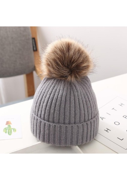 Ponpon Çocuk Şapka Sıcak Sonbahar Kış Çocuk Bere Kap Örme Düz Renk Kalın Kaput (Yurt Dışından)