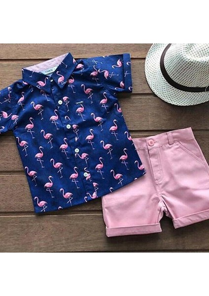 2021 Çocuk Bebek Erkek Giysileri Setleri Rahat Flamingolar Tişört Üstleri Düğme Şort 2 Adet Çocuk Erkek Pamuklu Giysiler Tatil Yaz Kıyafetleri 1-6y (Yurt Dışından)