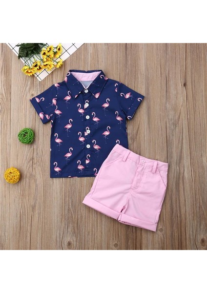 2021 Çocuk Bebek Erkek Giysileri Setleri Rahat Flamingolar Tişört Üstleri Düğme Şort 2 Adet Çocuk Erkek Pamuklu Giysiler Tatil Yaz Kıyafetleri 1-6y (Yurt Dışından) modelleri
