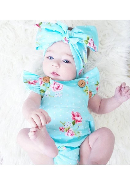 Çiçekli Kız Bebek Tek Parça Bodysuit Romper Backless Sunsuit Elbise Kafa Bandı (Yurt Dışından)