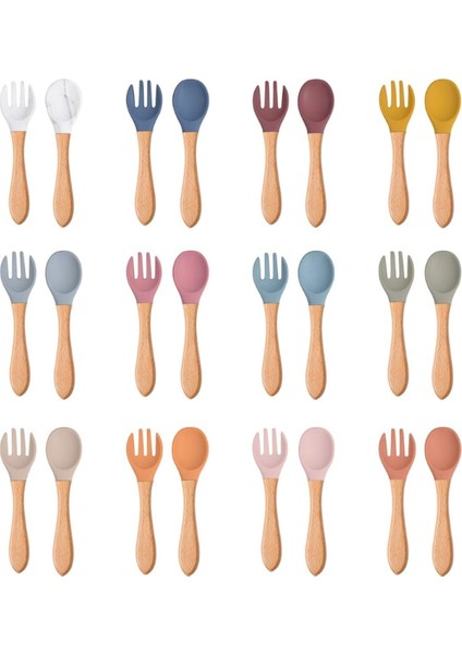 【eğlenceli Canlı】 2 Adet Gıda Sınıfı Silikon Ipuçları Bebek Besleme Eğitim Kaşık ve Ahşap Saplı Çatal Seti Yeni Yürümeye Başlayan Çocuklar Bebek Bağımsız Olarak Yiyin Acce (Yurt Dışından)