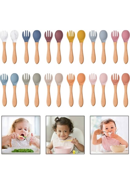 【eğlenceli Canlı】 2 Adet Gıda Sınıfı Silikon Ipuçları Bebek Besleme Eğitim Kaşık ve Ahşap Saplı Çatal Seti Yeni Yürümeye Başlayan Çocuklar Bebek Bağımsız Olarak Yiyin Acce (Yurt Dışından) indirimleri