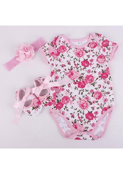 Sevimli Bebek Kız Bebek Yürümeye Başlayan Çiçek Çiçek Baskı Romper Ayakkabı Kafa Bandı Kıyafeti (Yurt Dışından)