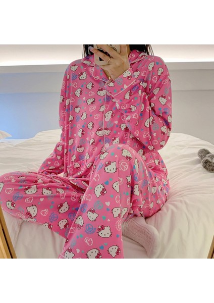 Sanrio Pijama Iki Parçalı Set Kawaii Hello Kitty Bahar Sonbahar Hırka Yaka Pijama Sevimli Tatlı Karikatür Gevşek Loungewear Ler (Yurt Dışından)