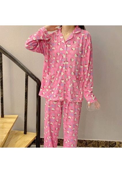 Sanrio Pijama Iki Parçalı Set Kawaii Hello Kitty Bahar Sonbahar Hırka Yaka Pijama Sevimli Tatlı Karikatür Gevşek Loungewear Ler (Yurt Dışından) fiyatları