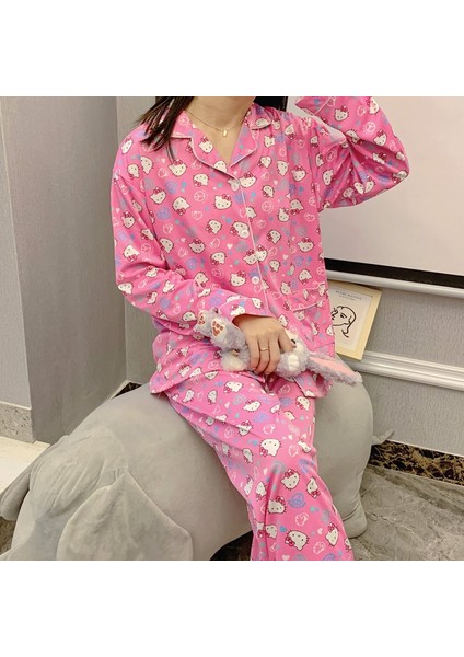 Sanrio Pijama Iki Parçalı Set Kawaii Hello Kitty Bahar Sonbahar Hırka Yaka Pijama Sevimli Tatlı Karikatür Gevşek Loungewear Ler (Yurt Dışından) modelleri