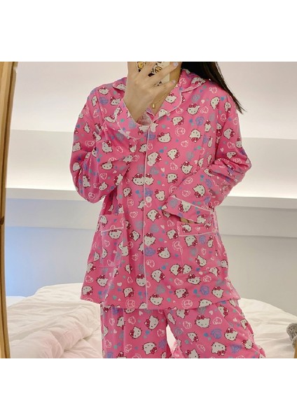 Sanrio Pijama Iki Parçalı Set Kawaii Hello Kitty Bahar Sonbahar Hırka Yaka Pijama Sevimli Tatlı Karikatür Gevşek Loungewear Ler (Yurt Dışından) indirimleri