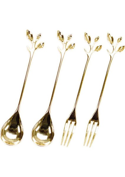 Sofra Altın Yaprak Kahve Kaşığı Çatal, 4 Paket (2 Kaşık 2 Çatal) Küçük Demitasse Espresso Kaşığı ve Meze Tatlı Çatal Seti, 4.7 Inç Çay Kaşığı Seti (Yurt Dışından)