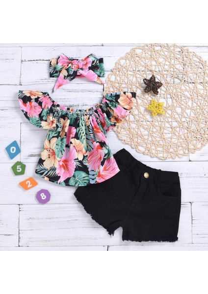 Kızlar Kısa Kollu Çiçekli Tulum + Etek Seti Elbise Kıyafetleri (Yurt Dışından)