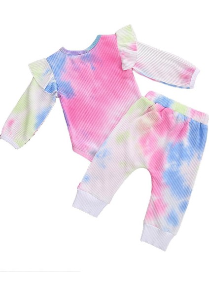 2 Adet Nefes Bebek Giysileri Takım Elbise, Ilkbahar Sonbahar Bebek Kız Fly Kollu Yuvarlak Yaka Yaratıcı Rastgele Boyama Romper + Rahat Uzun Pantolon Seti (Yurt Dışından)