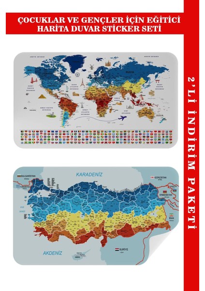 Eğitici - Öğretici Dünya ve Türkiye Haritası Çocuk Odası Duvar STICKER-60X105-3891