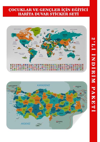 Harita Sepeti Eğitici - Öğretici Dünya ve Türkiye Haritası Çocuk Odası Duvar STICKER-60X105-3887