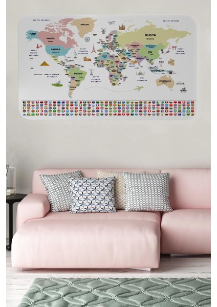 Türkçe Ülke Bayrak Lı Eğitici Başkent Detaylı Atlası Dünya Haritası Duvar STICKER -60X105-3859
