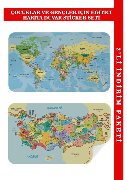Eğitici - Öğretici Dünya ve Türkiye Haritası Çocuk Odası Duvar STICKER-60X105-3888