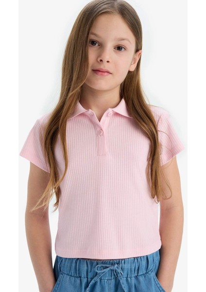 Kız Çocuk Slim Fit Dar Kesim Polo Yaka Basic Düz Fitilli Kaşkorse Kısa Kollu Tişört Z7794A625SM