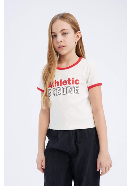 Kız Çocuk Slim Fit Dar Kesim Bisiklet Yaka Baskılı Fitilli Kaşkorse Kısa Kollu Tişört D8542A825SM modelleri