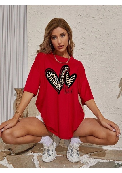 Bı Kind Baskılı Kırmızı Kadın / Kız Oversize Salaş T-Shirt Boyfriend