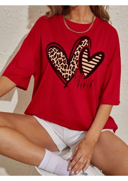 Bı Kind Baskılı Kırmızı Kadın / Kız Oversize Salaş T-Shirt Boyfriend modelleri