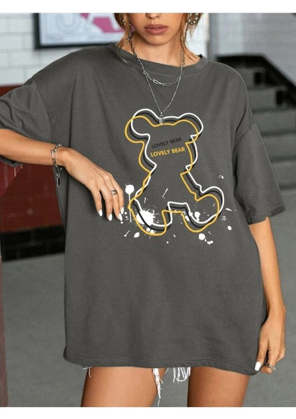 Kadın / Kız Füme Oversize T-Shirt Lovely Bear Baskılı modelleri