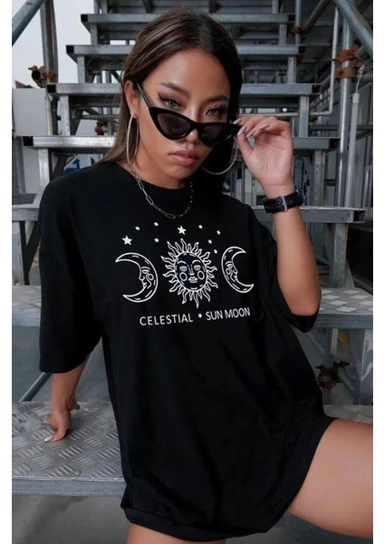 Unisex Baskılı Oversize T-Shirt - Siyah modelleri