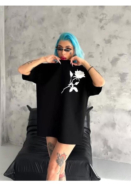 Unisex Bisiklet Yaka Baskılı Oversize T-Shirt - Siyah fiyatları
