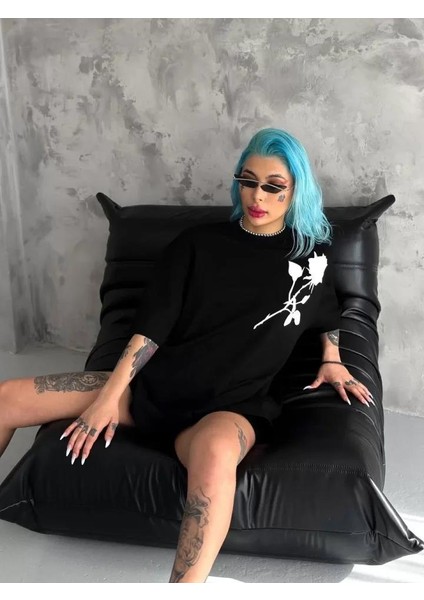 Unisex Bisiklet Yaka Baskılı Oversize T-Shirt - Siyah modelleri
