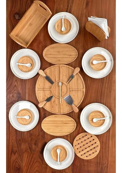 Atbyhome 6 Kişilik 29 Parça Seramik - Bambu Kahvaltı Takımı - Lüx Kahvaltılık Sunum Seti