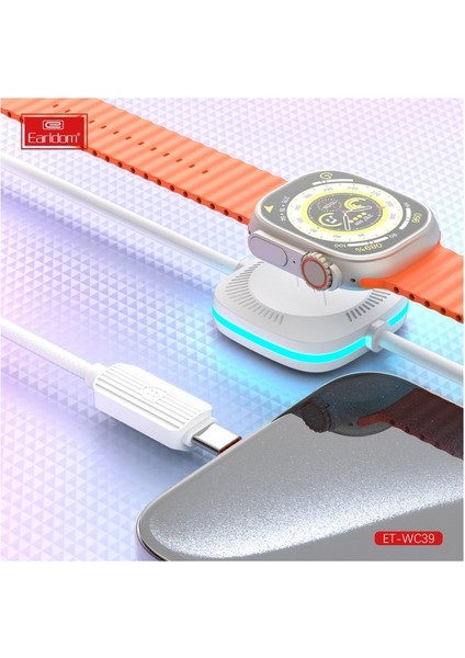 Earldom WC39 1.2m 15W USB To Type-C ve 2.5W Kablosuz Saat Şarj Çıkışlı 2in1 Hızlı Şarj Kablosu